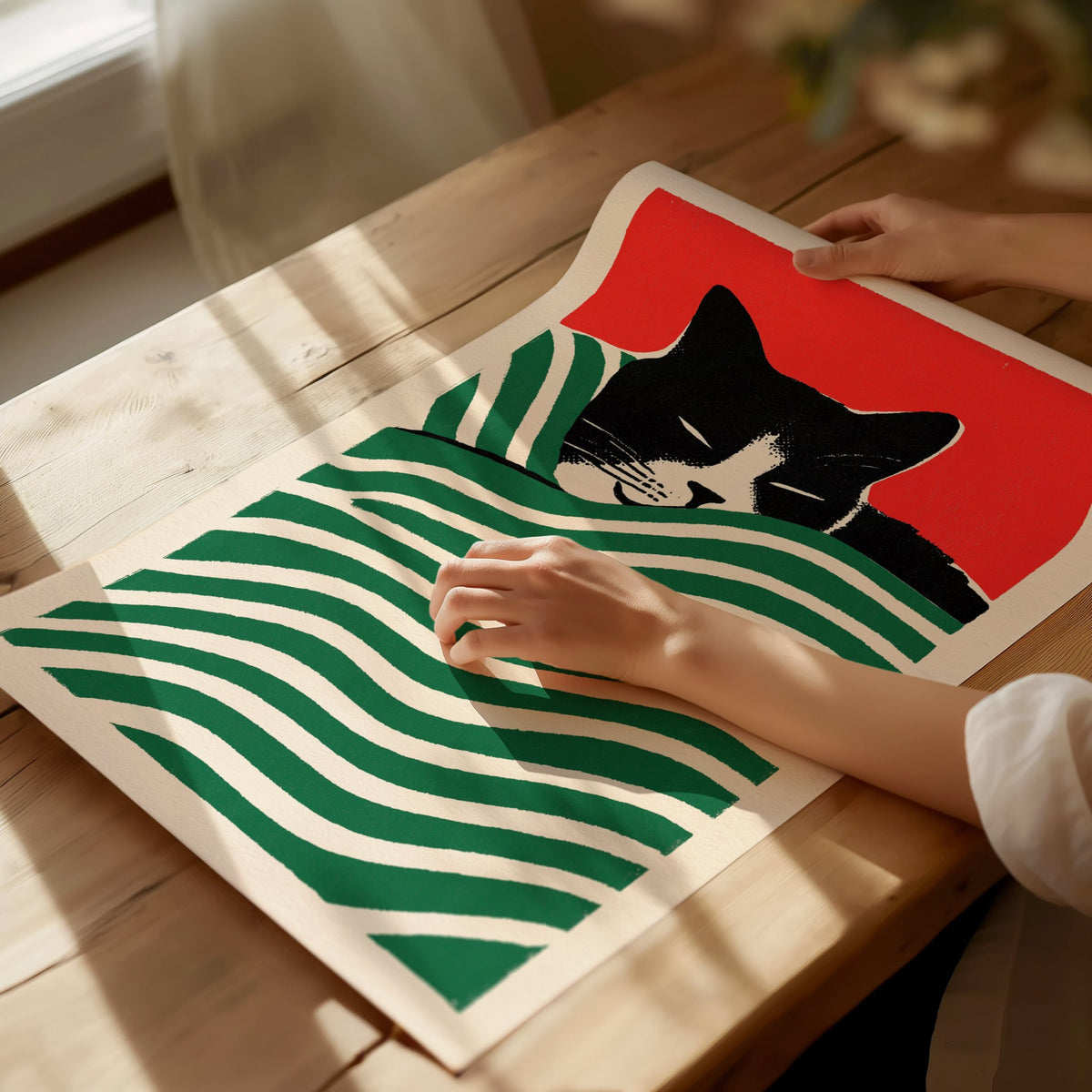 Cat Under Striped Blanket Poster | Green and Red Screen Print Art Print | Cat Lover Wall Art — print detail on fine art paper