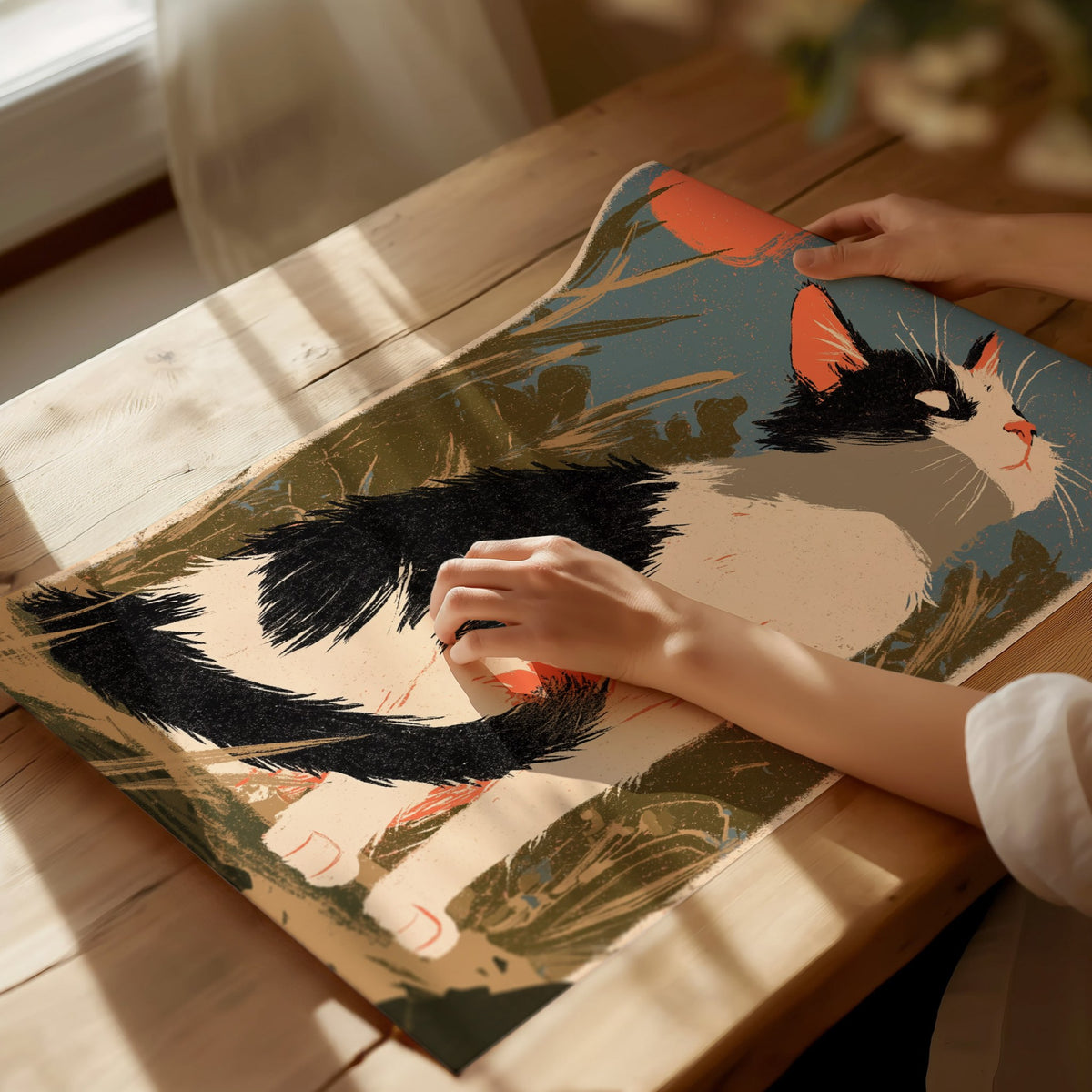 Cat Chasing Tail Poster | Cream and Coral Illustrative Art Print | Kids Room Wall Art — print detail on fine art paper