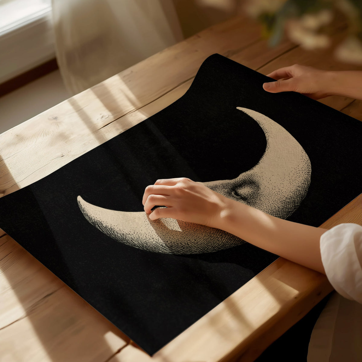 Manuscript Moon Poster | Black and Cream Pen and Ink Art Print | Dark Academia Wall Art — print detail on fine art paper