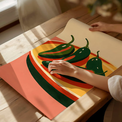 peppers-on-yellow-plate Poster | Yellow and Red Illustrative Art Print | Kitchen Wall Art — print detail on fine art paper