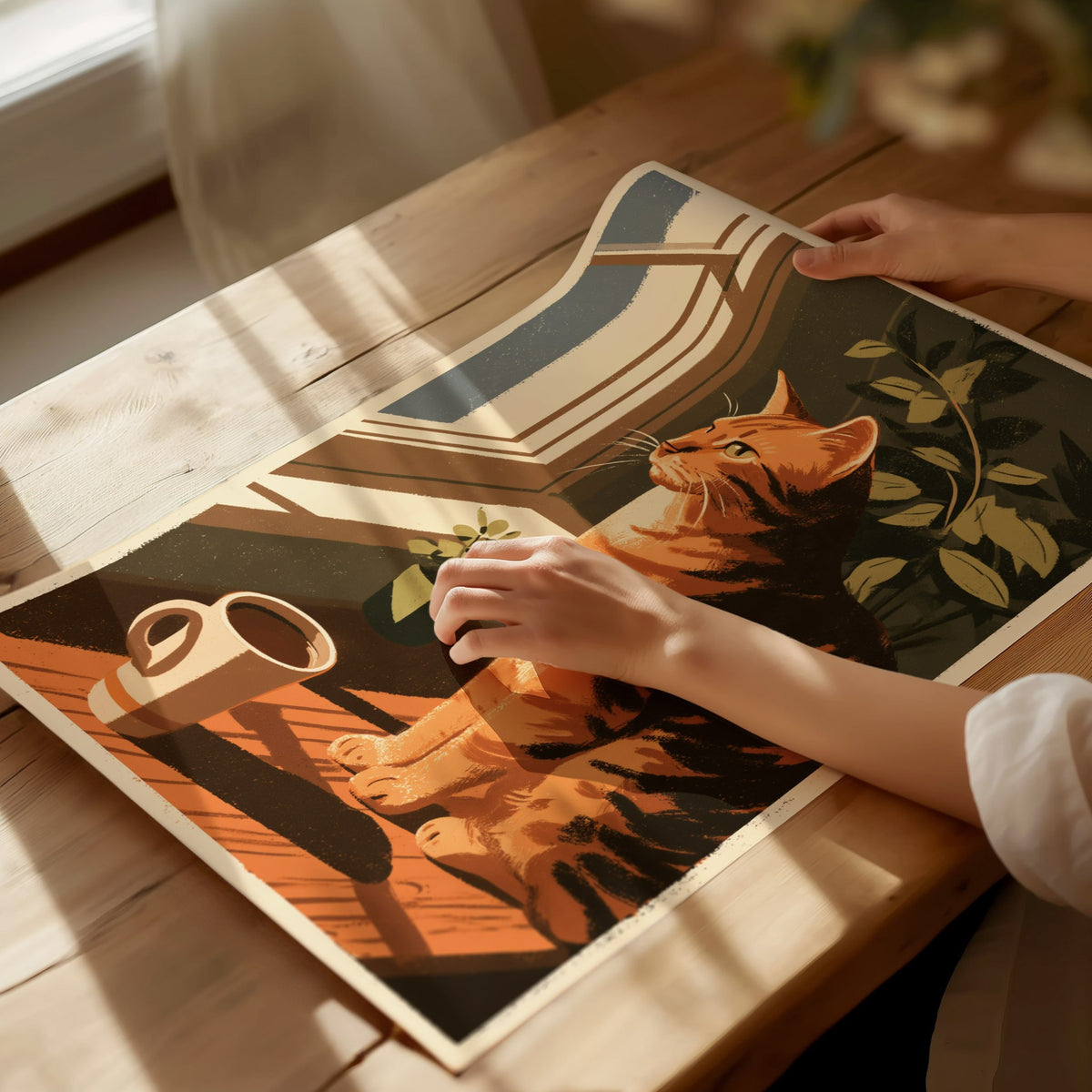 Cat Watches Morning Poster | Warm Ochre Illustrative Art Print | Cat Lover Wall Art — print detail on fine art paper