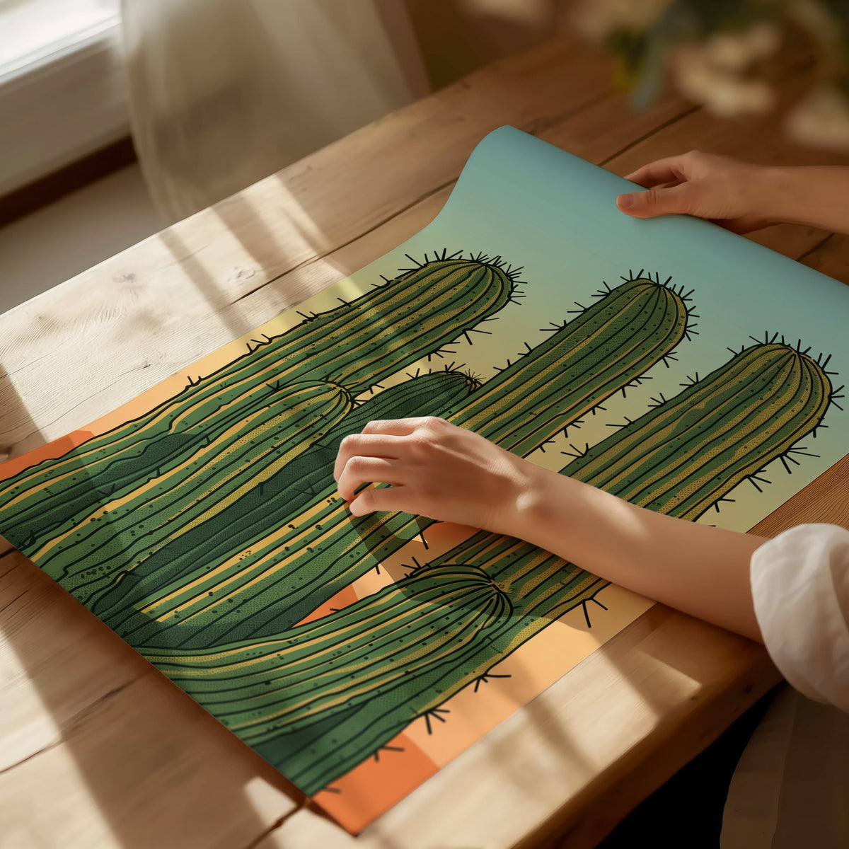 Cactus Garden Poster | Green and Coral Japanese Woodblock Art Print | Southwestern Wall Art — print detail on fine art paper