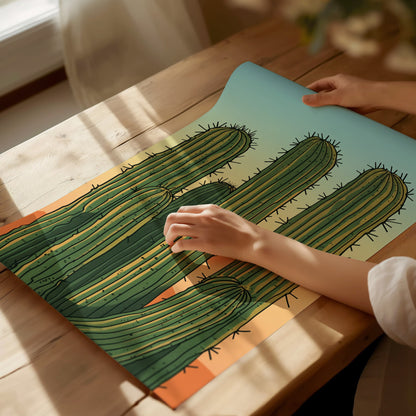 Cactus Garden Poster | Green and Coral Japanese Woodblock Art Print | Southwestern Wall Art — print detail on fine art paper