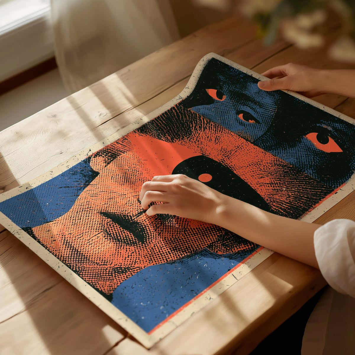 Two Faces Watching Poster | Coral and Teal Screen Print Art Print | Alternative Wall Art — print detail on fine art paper