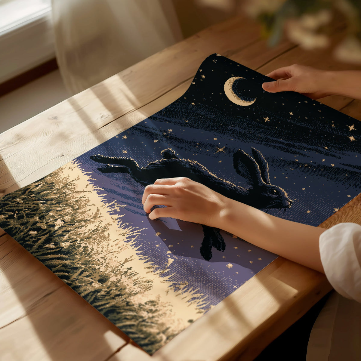 Hare Carries Night Poster | Indigo and Gold Pixel Art Print | Retro Gaming Wall Art — print detail on fine art paper