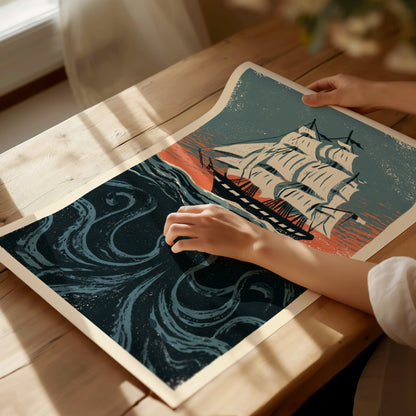 Kraken Under Sail Poster | Teal and Cream Illustrative Art Print | Nautical Folk Art Wall Art — print detail on fine art pape