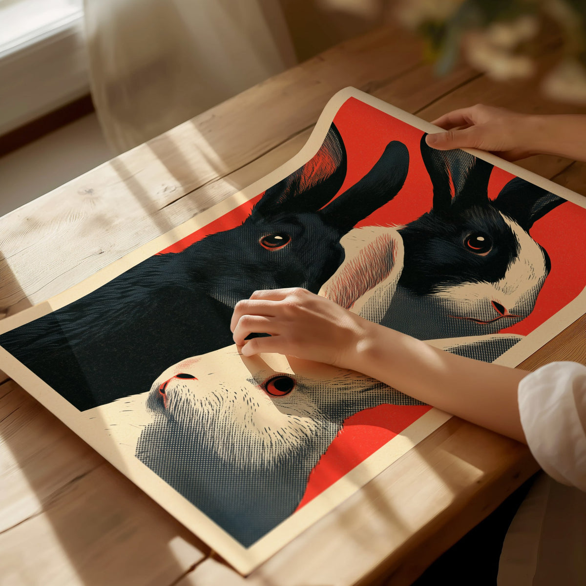 Tuxedo Rabbits Yellow Poster | Mustard and Black Screen Print Art Print | Animal Advocacy Wall Art — print detail on fine art