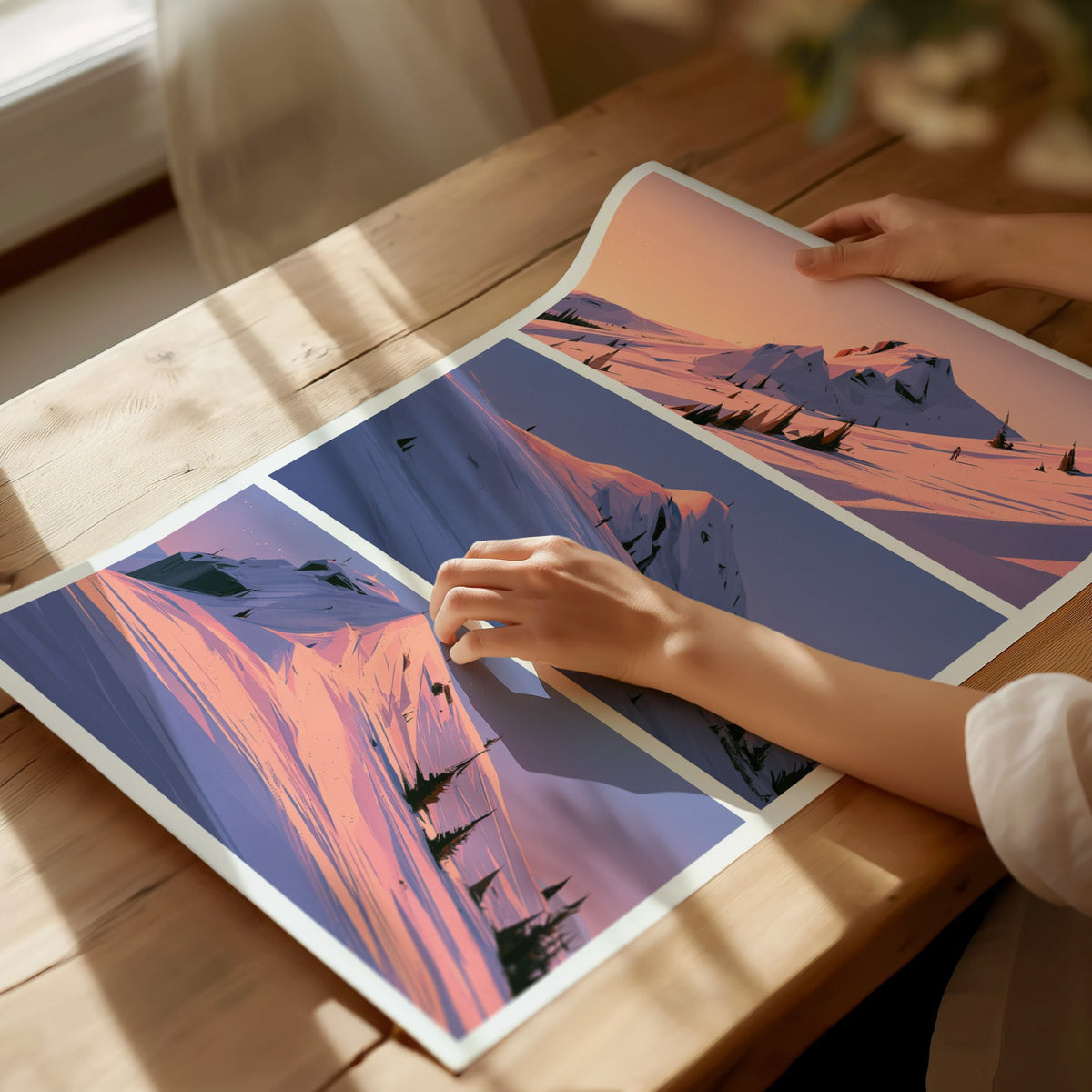 Mountain Waits Dusk Poster | Peach and Lavender Illustrative Art Print | Alpine Minimalist Wall Art — print detail on fine ar