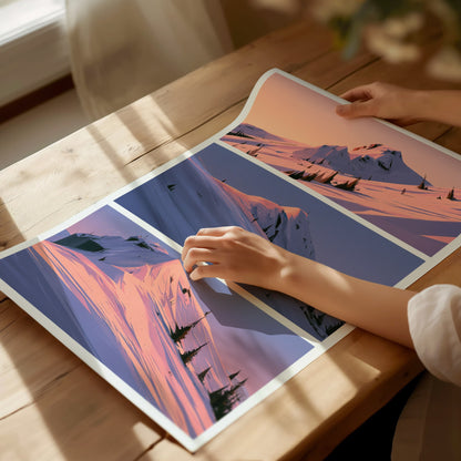 Mountain Waits Dusk Poster | Peach and Lavender Illustrative Art Print | Alpine Minimalist Wall Art — print detail on fine ar