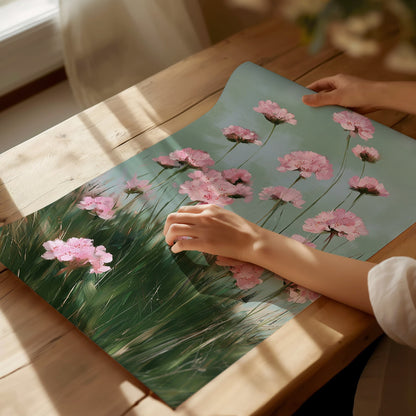 Thrift Blooms Sage Poster | Pink and Sage Oil Painting Art Print | Cottagecore Wall Art — print detail on fine art paper