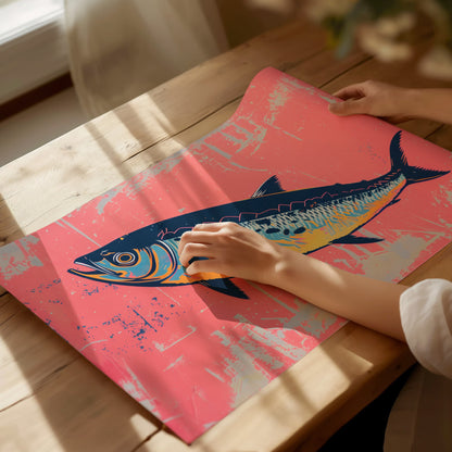 Sardine Tin on Pink Poster | Pink and Cobalt Screen Print Art Print | Kitchen Wall Art — print detail on fine art paper