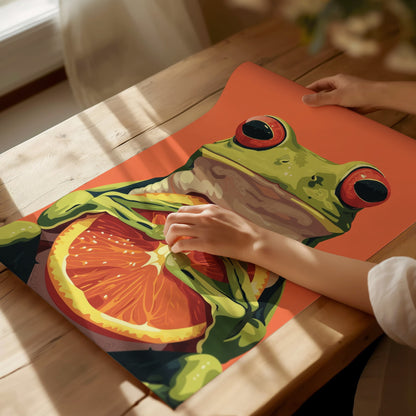 Frog with Orange Poster | Red and Green Flat Design Art Print | Kids Room Wall Art — print detail on fine art paper