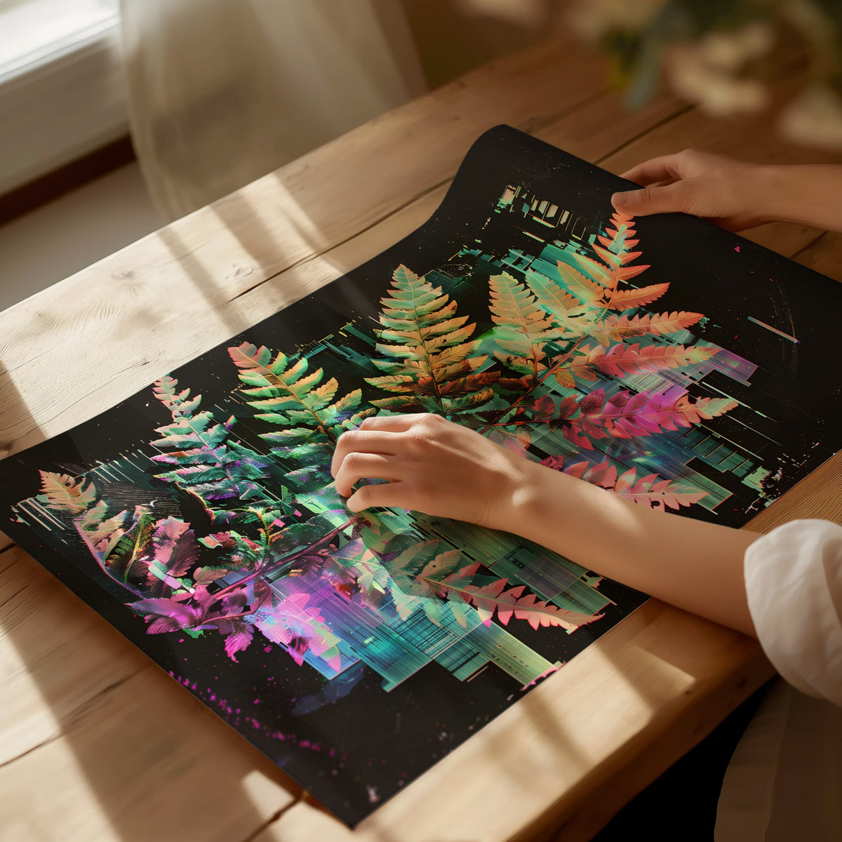 Glitch Fern Poster | Cyan and Magenta Abstract Art Print | Digital Art Wall Art — print detail on fine art paper