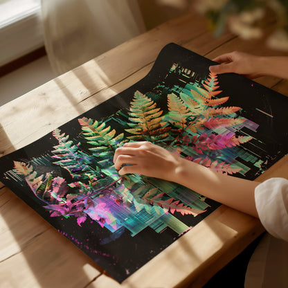 Glitch Fern Poster | Cyan and Magenta Abstract Art Print | Digital Art Wall Art — print detail on fine art paper