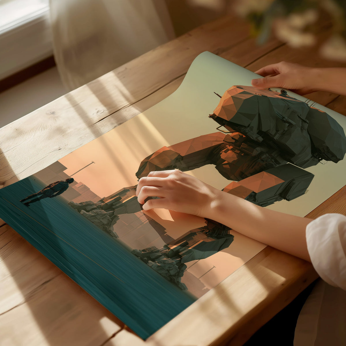 Mech Waits Dawn Poster | Teal and Orange Low Poly Art Print | Sci-Fi Wall Art — print detail on fine art paper