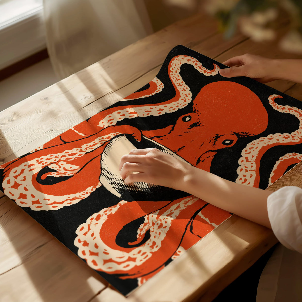 Breakfast Octopus Poster | Cream and Rust Screen Print Art Print | Kitchen Wall Art — print detail on fine art paper