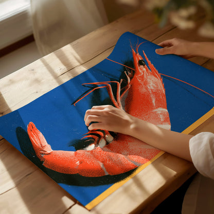 prawn-on-blue Poster | Blue and Orange Screen Print Art Print | Kitchen Wall Art — print detail on fine art paper