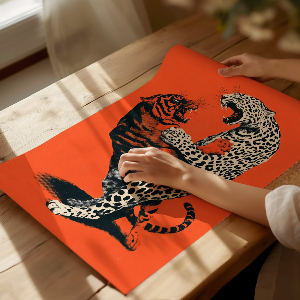 Leopard Battles Tiger Poster | Vermilion and Black Screen Print Art Print | Dark Fantasy Wall Art — print detail on fine art