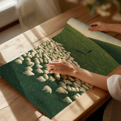 Shepherd Counts Flock Poster | Green and Cream Illustrative Art Print | Cottagecore Wall Art — print detail on fine art paper