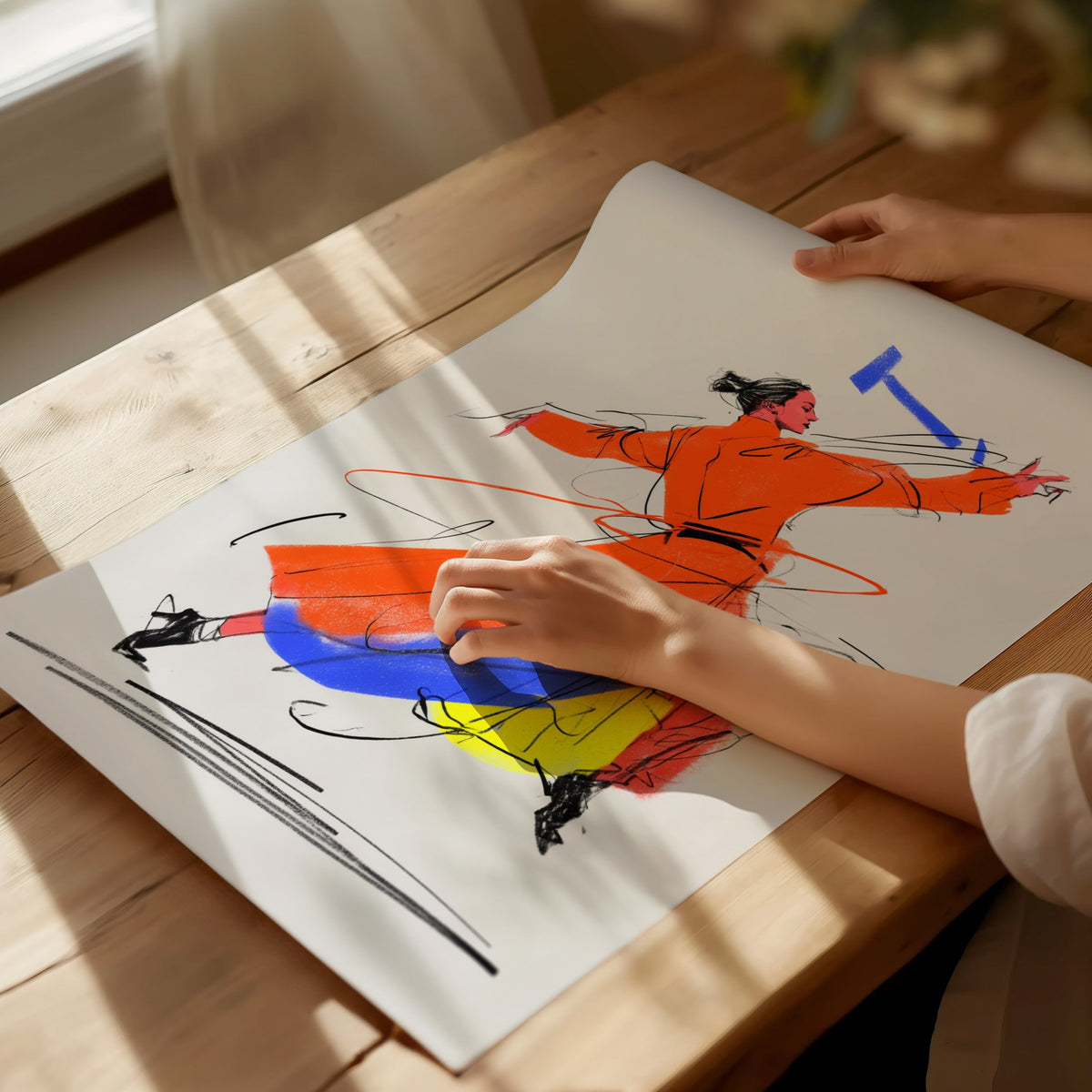 Dancer Breaks Free Poster | Pink and Orange Illustrative Art Print | Dance Studio Wall Art — print detail on fine art paper