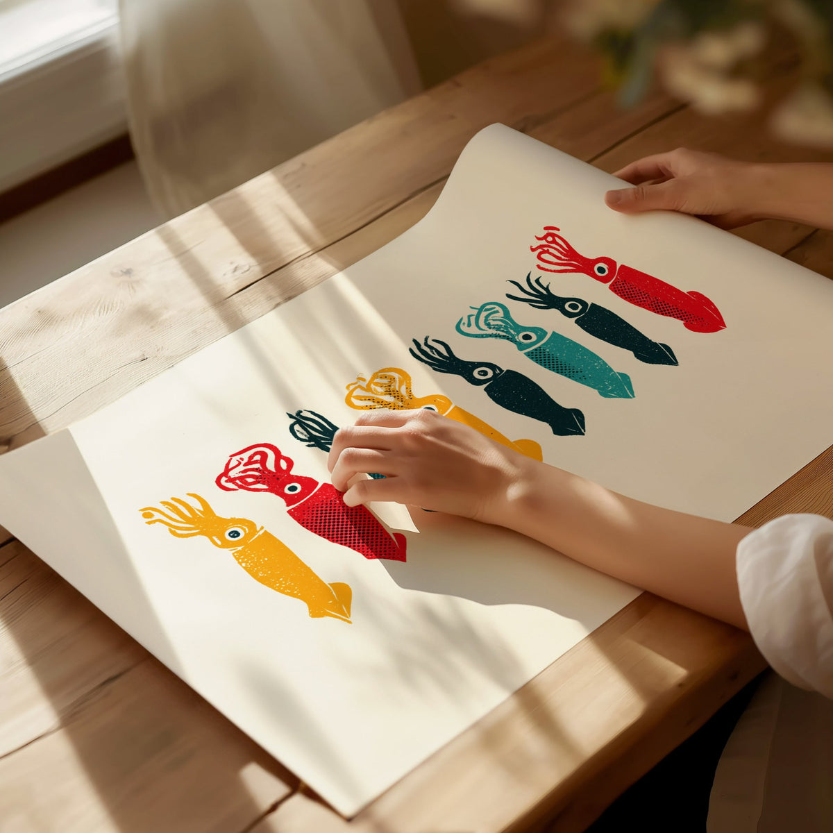 Five Squid Stack Poster | Multicolor Screen Print Art Print | Kitchen Wall Art — print detail on fine art paper