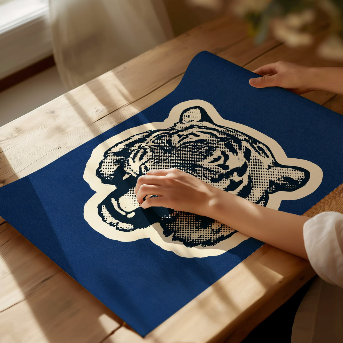 Tiger Roars Blue Poster | Navy and Cobalt Screen Print Art Print | Mid-Century Wall Art — print detail on fine art paper