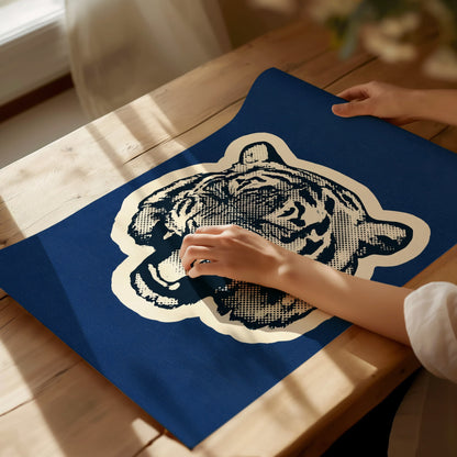 Tiger Roars Blue Poster | Navy and Cobalt Screen Print Art Print | Mid-Century Wall Art — print detail on fine art paper