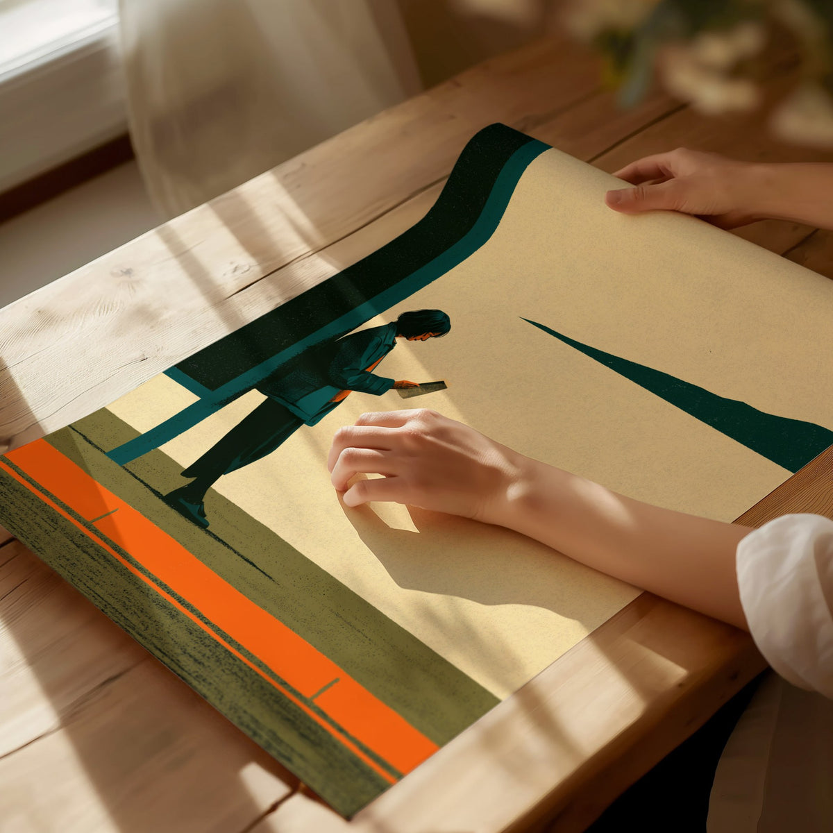 Woman Waits Morning Poster | Teal and Orange Illustrative Art Print | Urban Minimalist Wall Art — print detail on fine art pa