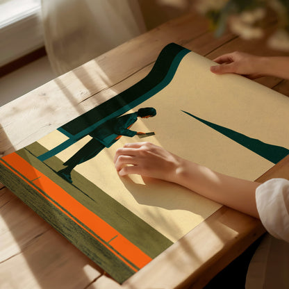 Woman Waits Morning Poster | Teal and Orange Illustrative Art Print | Urban Minimalist Wall Art — print detail on fine art pa