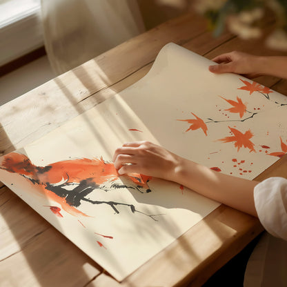 Autumn Visitor Poster | Rust and Sepia Japanese Watercolor Art Print | Minimalist Wall Art — print detail on fine art paper