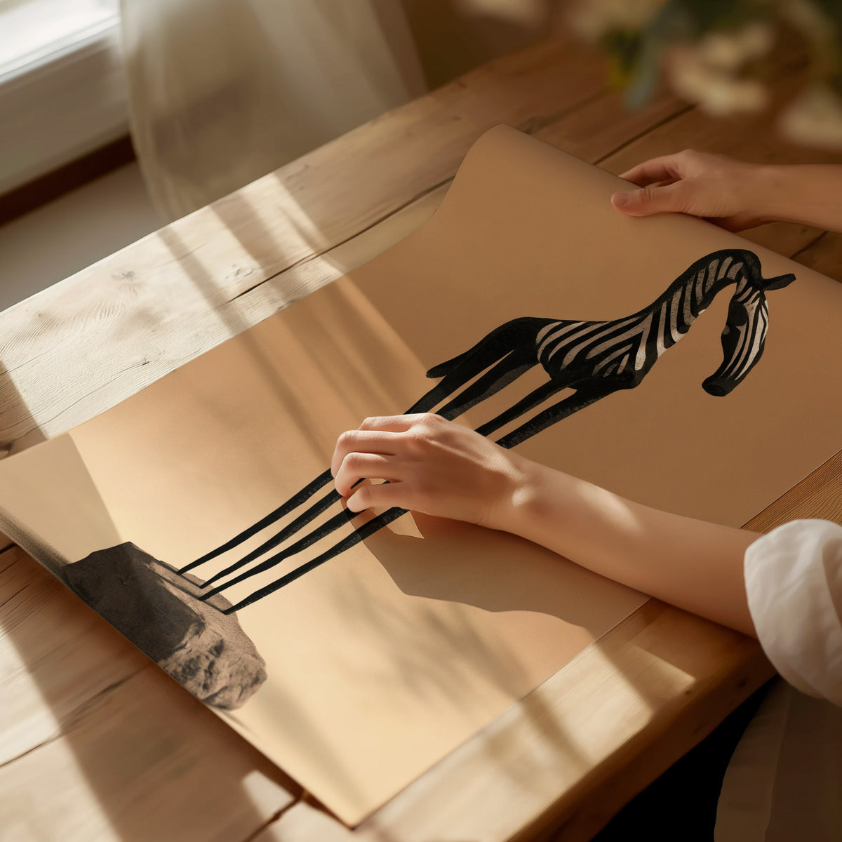 Iron Zebra Stands Poster | Black and Tan Illustrative Art Print | Minimalist Wall Art — print detail on fine art paper