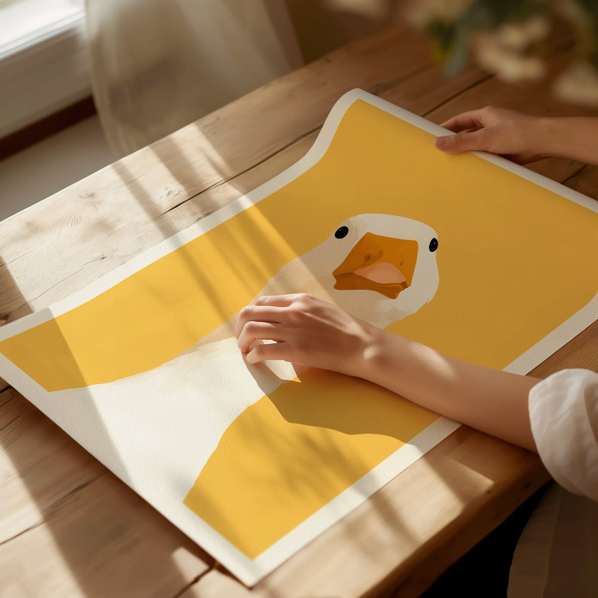 Goose Tilts Head Poster | White and Gold Flat Design Art Print | Kids Room Wall Art — print detail on fine art paper