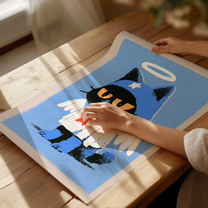 Angel Kitten Stands Poster | Blue and Orange Screen Print Art Print | Kids Room Wall Art — print detail on fine art paper