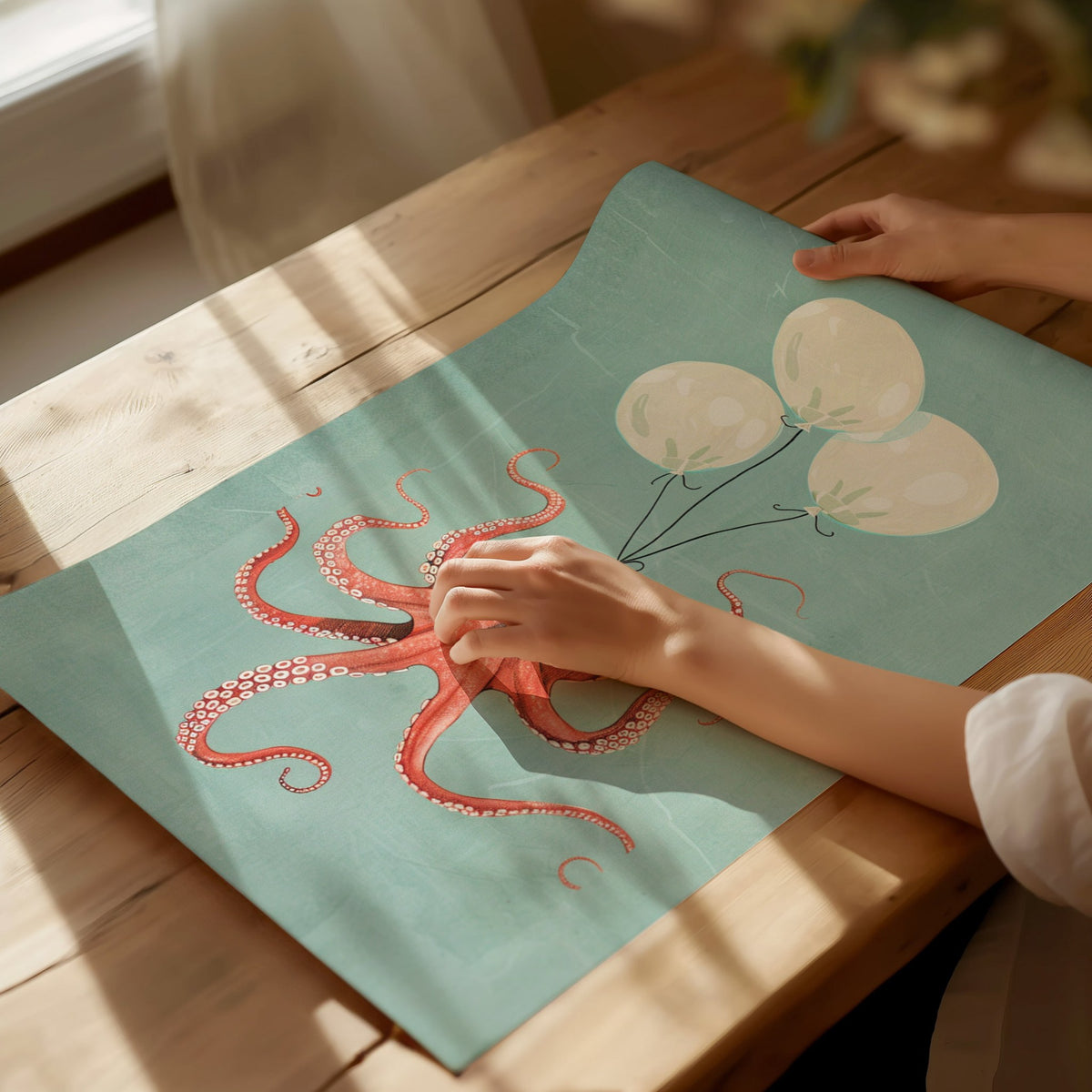 Balloon Octopus Poster | Coral and Teal Illustrative Art Print | Surrealist Wall Art — print detail on fine art paper