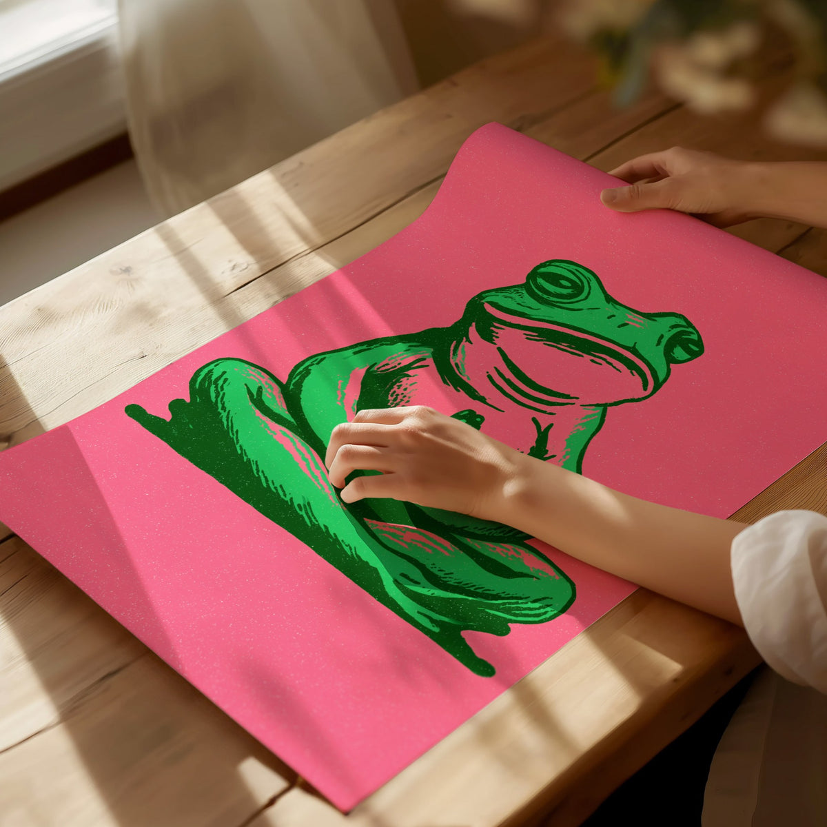Toad Finds Peace Poster | Green and Pink Illustrative Art Print | Meditation Wall Art — print detail on fine art paper