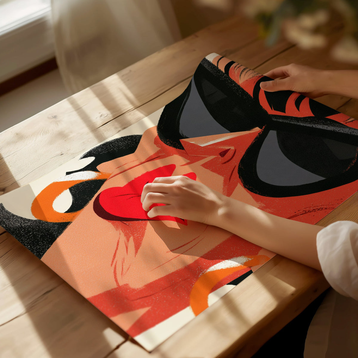 Diva Hides Eyes Poster | Coral and Black Illustrative Art Print | Pop Art Wall Art — print detail on fine art paper