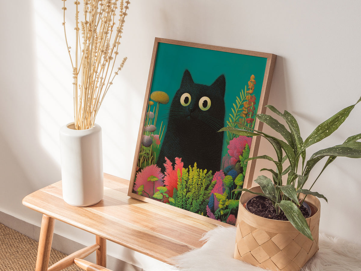Black Cat in Garden Poster | Animals Art Print — styled in an interior