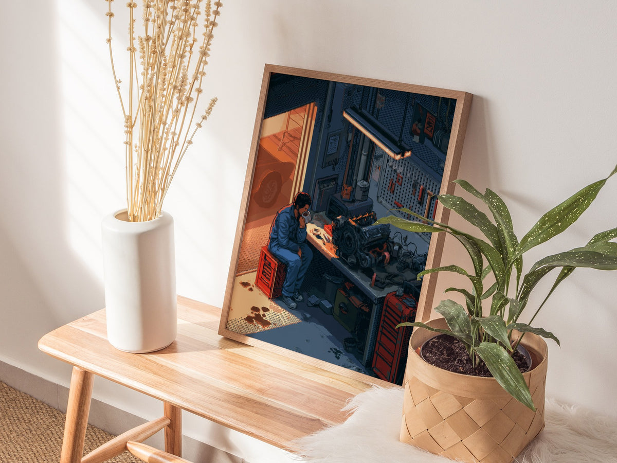 Mechanic Drinks Coffee Poster | Blue and Orange Pixel Art Print | Workshop Wall Art — styled in an interior