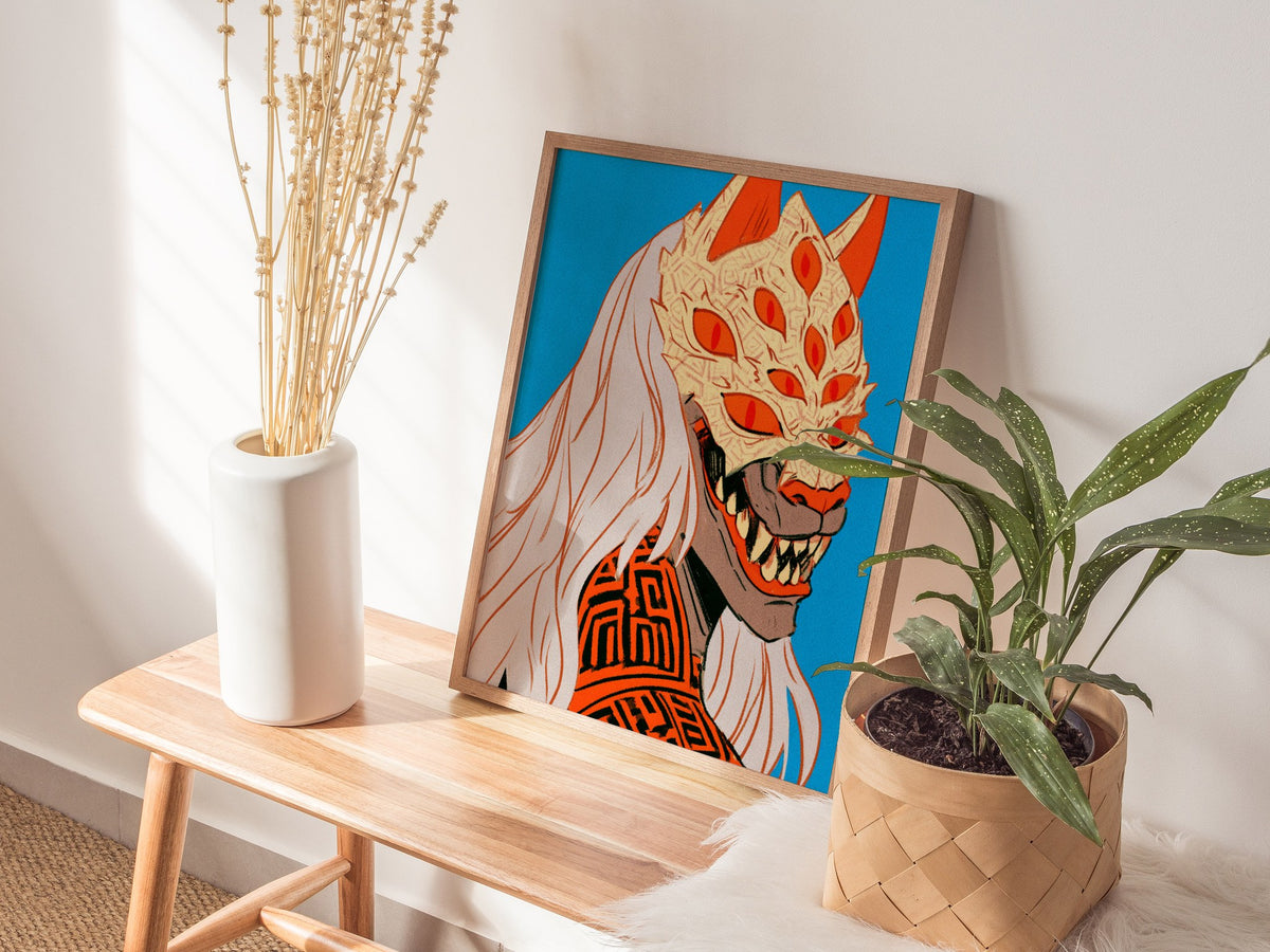 Fox Mask Grin Poster | Orange and Blue Illustrative Art Print | Dark Fantasy Wall Art — styled in an interior