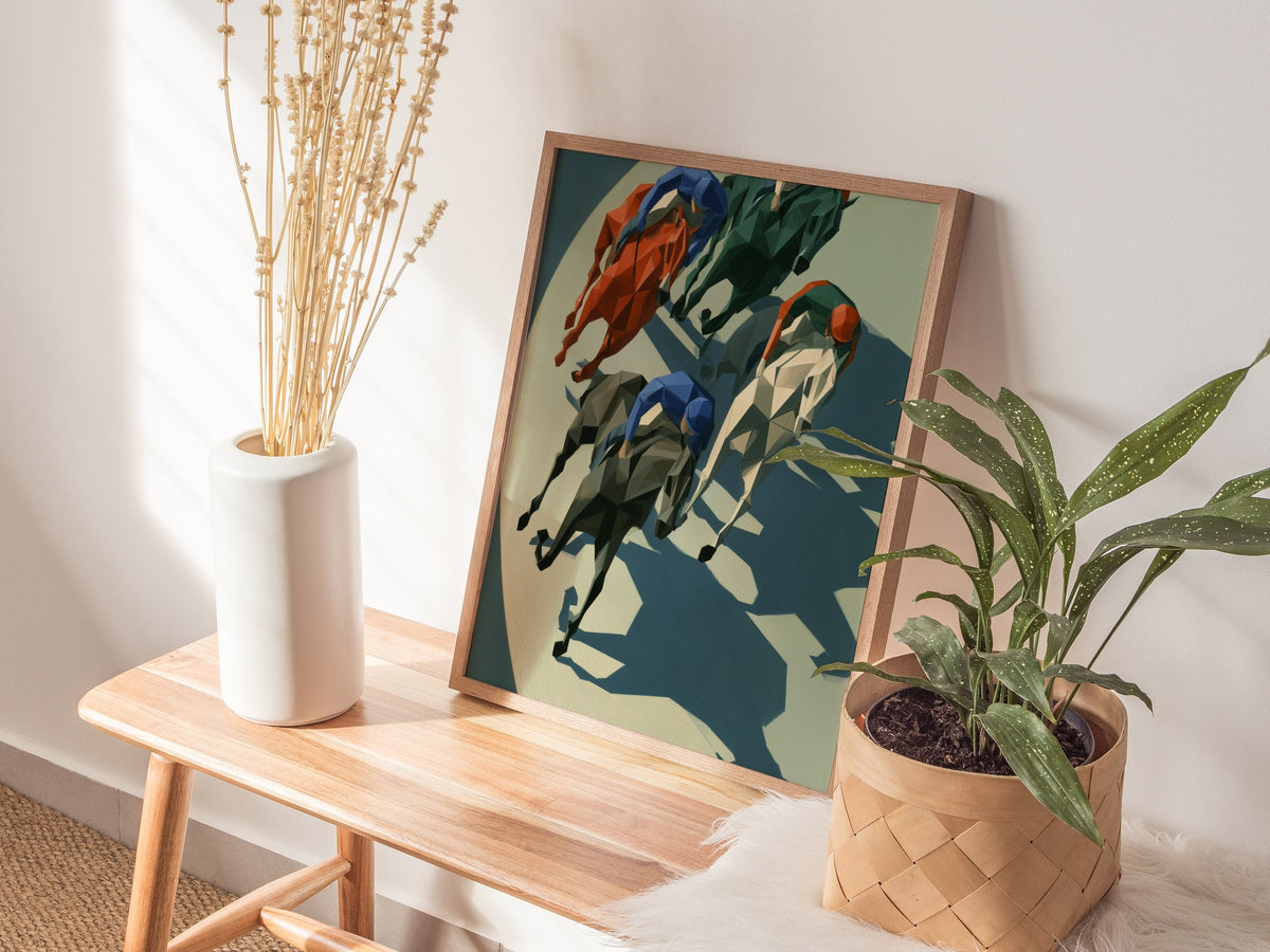 Jockeys Take the Turn Poster | Cobalt and Rust Low Poly Art Print | Modern Sports Wall Art — styled in an interior