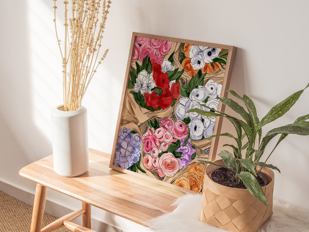 Bouquets at Market Poster | Pink and Lilac Pen and Ink Art Print | Kitchen Wall Art — styled in an interior