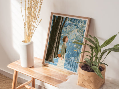 Woman Tilts Toward Light Poster | Olive and Cream Illustrative Art Print | Quiet Spaces Wall Art — styled in an interior