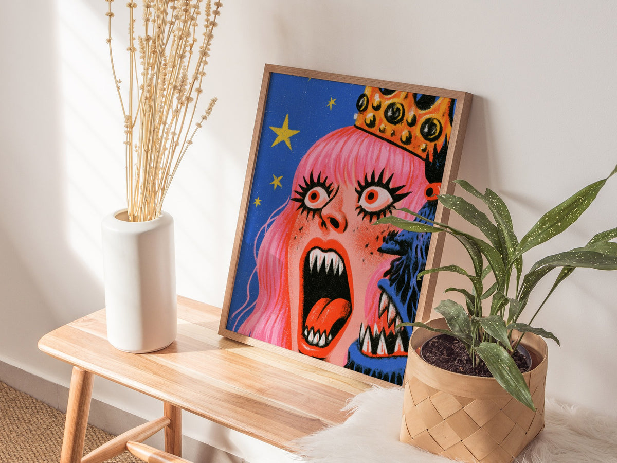 Queen Roars Back Poster | Jewel and Gold Illustrative Art Print | Dark Fantasy Wall Art — styled in an interior