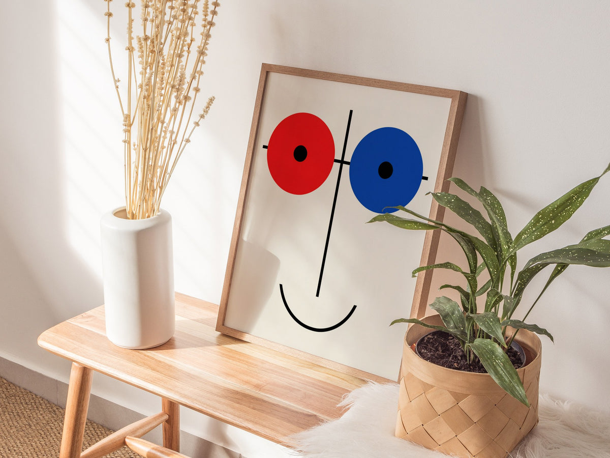 Red Blue Smile Poster | Red and Blue Minimalism Art Print | Modernist Wall Art — styled in an interior
