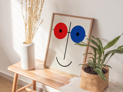 Red Blue Smile Poster | Red and Blue Minimalism Art Print | Modernist Wall Art — styled in an interior