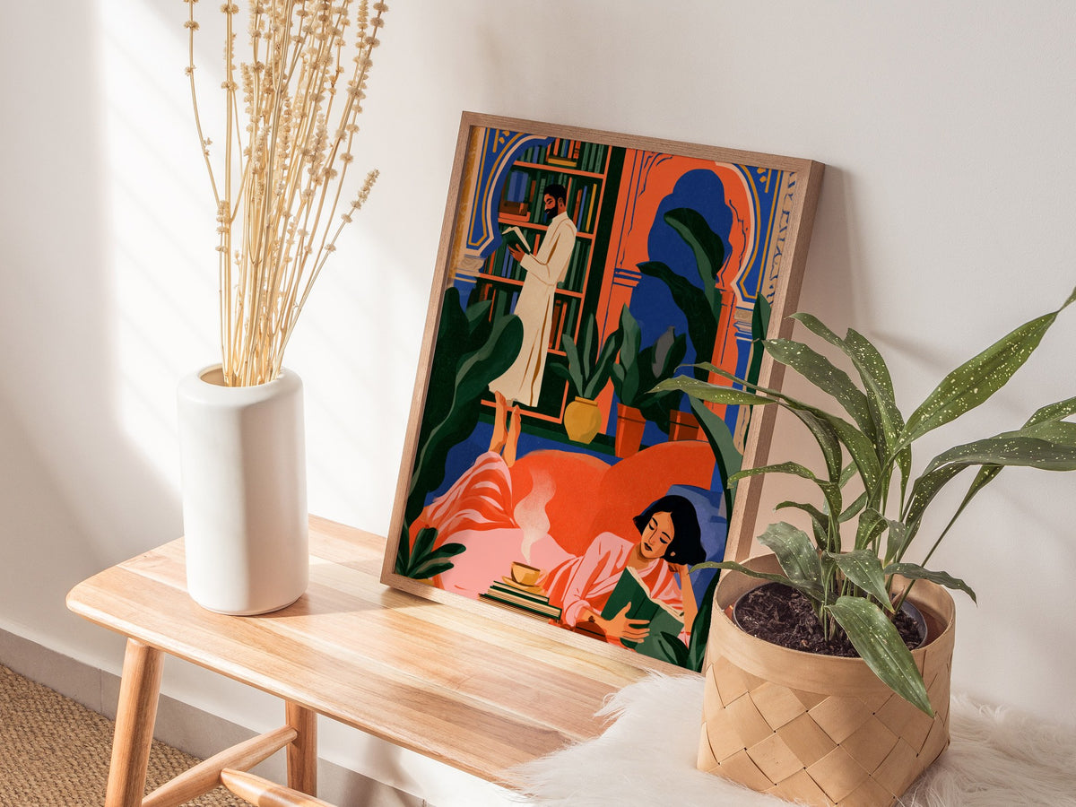 Library Readers Poster | Orange and Blue Illustrative Art Print | Literary Wall Art — styled in an interior