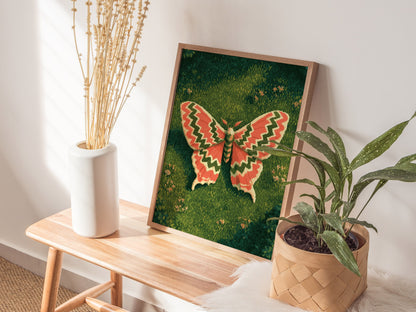 Moth Owns Chevron Poster | Coral and Olive Pixel Art Print | Retro Gaming Wall Art — styled in an interior