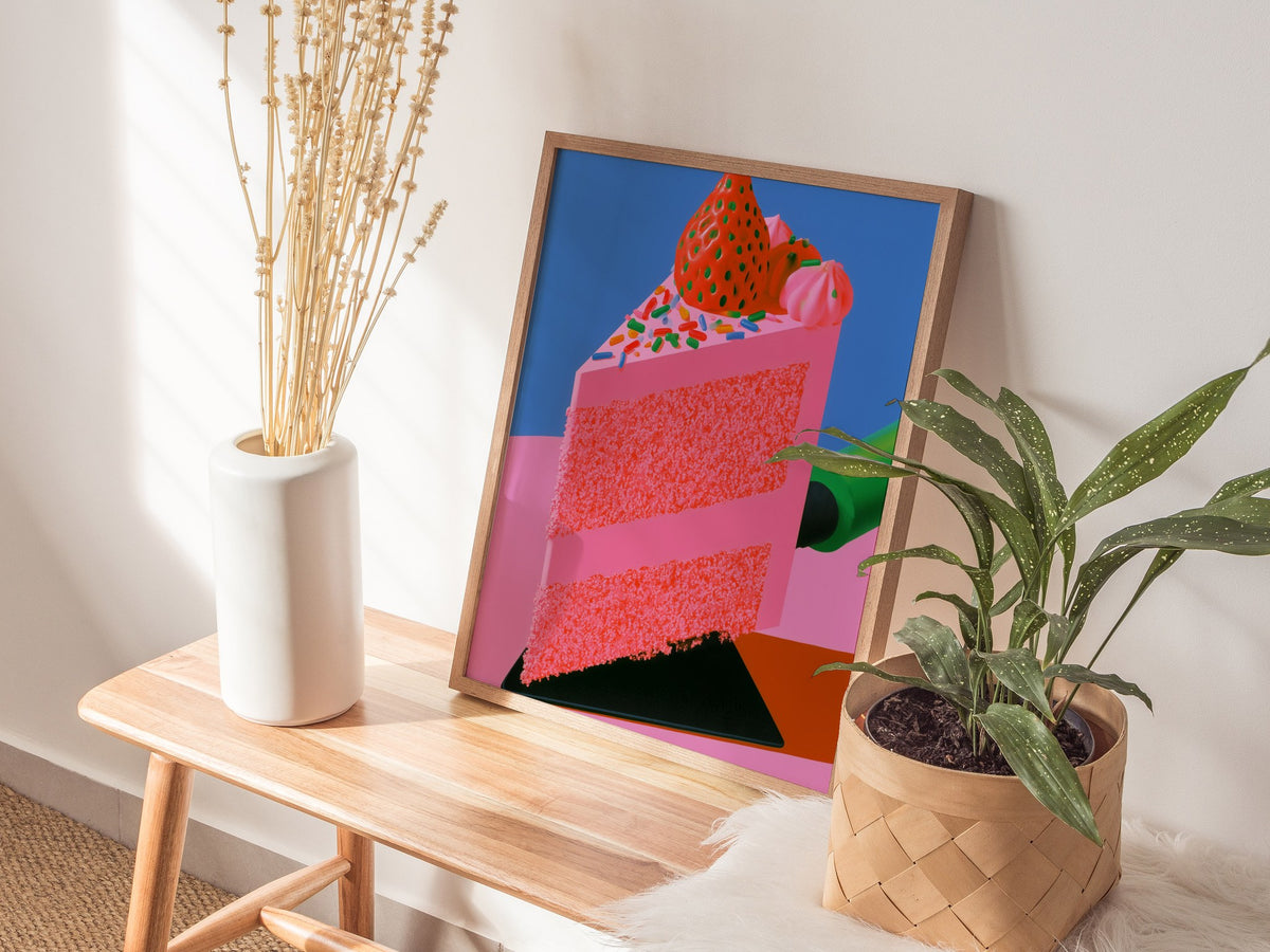Frosted Layer Cake Poster | Pink and Cobalt Illustrative Art Print | Kitchen Wall Art — styled in an interior