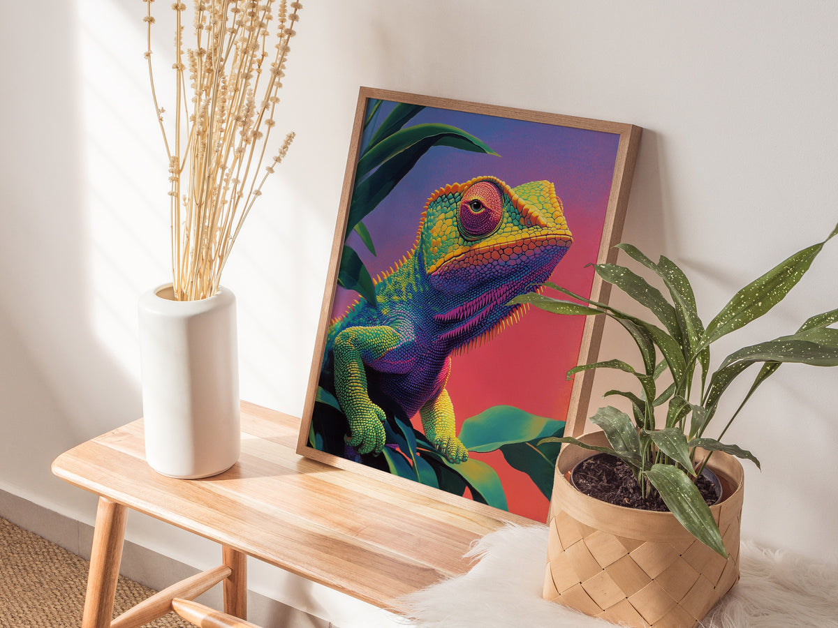 Psychadelic Chameleon Poster | Animals Art Print — styled in an interior