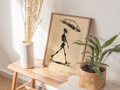 Skeleton with Umbrella Poster | Black and Cream Pen and Ink Art Print | Dark Humor Wall Art — styled in an interior